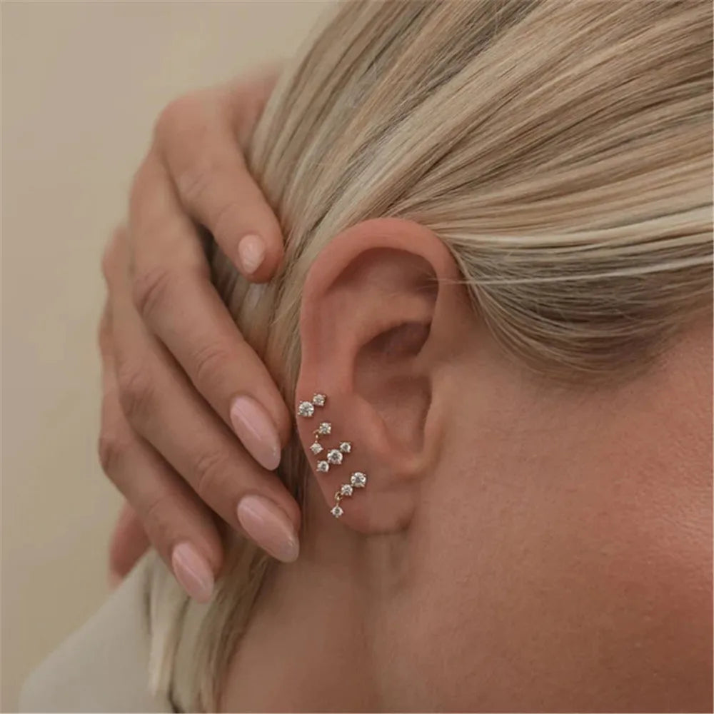 Zircon Piercing Stud Earring, 925 Sterling Silver (4PCS Set 7.5/9/10/13mm)