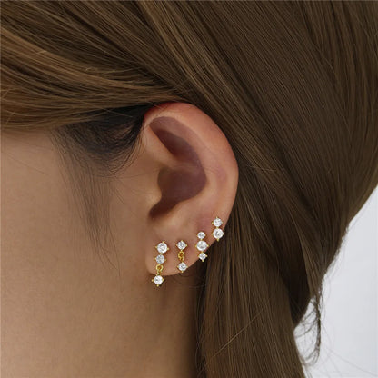 Zircon Piercing Stud Earring, 925 Sterling Silver (4PCS Set 7.5/9/10/13mm)